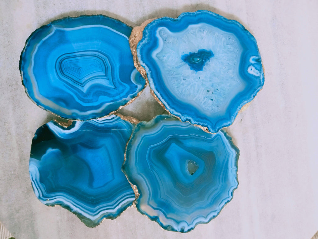 Light Blue Agate Coaster, Gold Electroplated Edge Slice