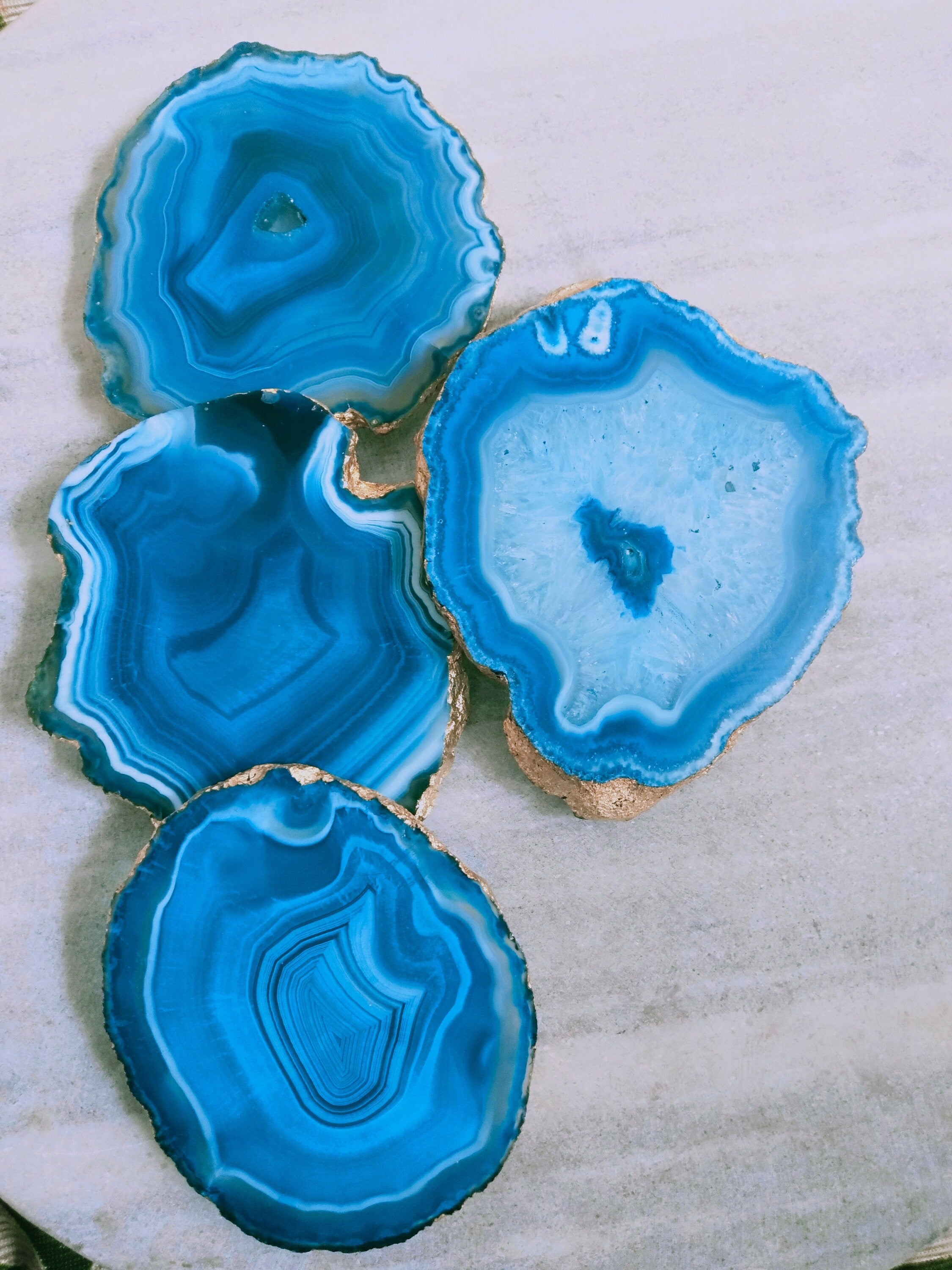 Light Blue Agate Coaster, Gold Electroplated Edge Slice