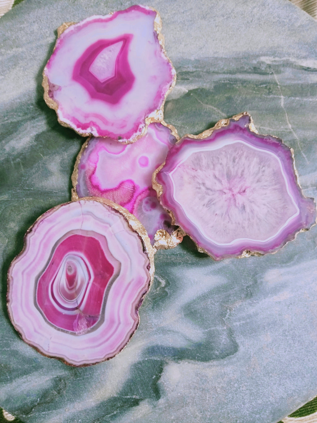 Pink Agate Coasters with Gold or Silver Plated Edge, Set of 4