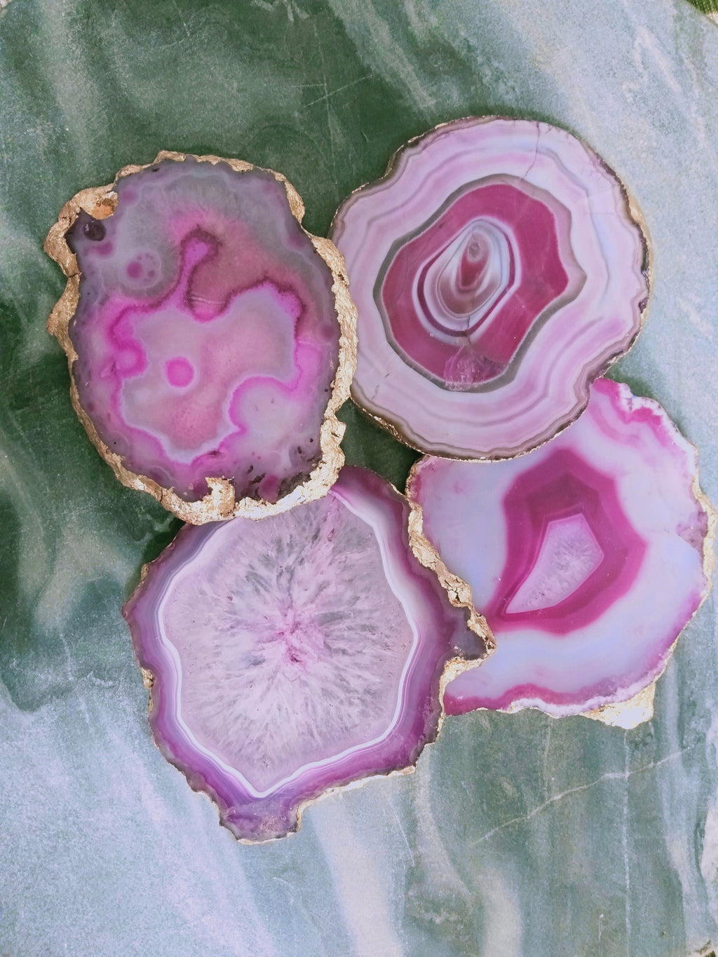 Pink Agate Coasters with Gold or Silver Plated Edge, Set of 4