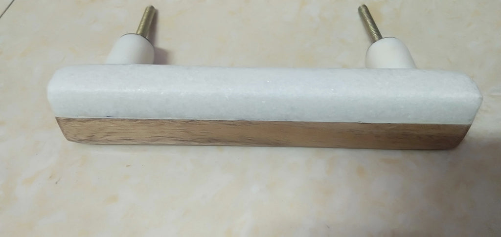 White Marble & Wood Cabinet Handle, Long Drawer Pull