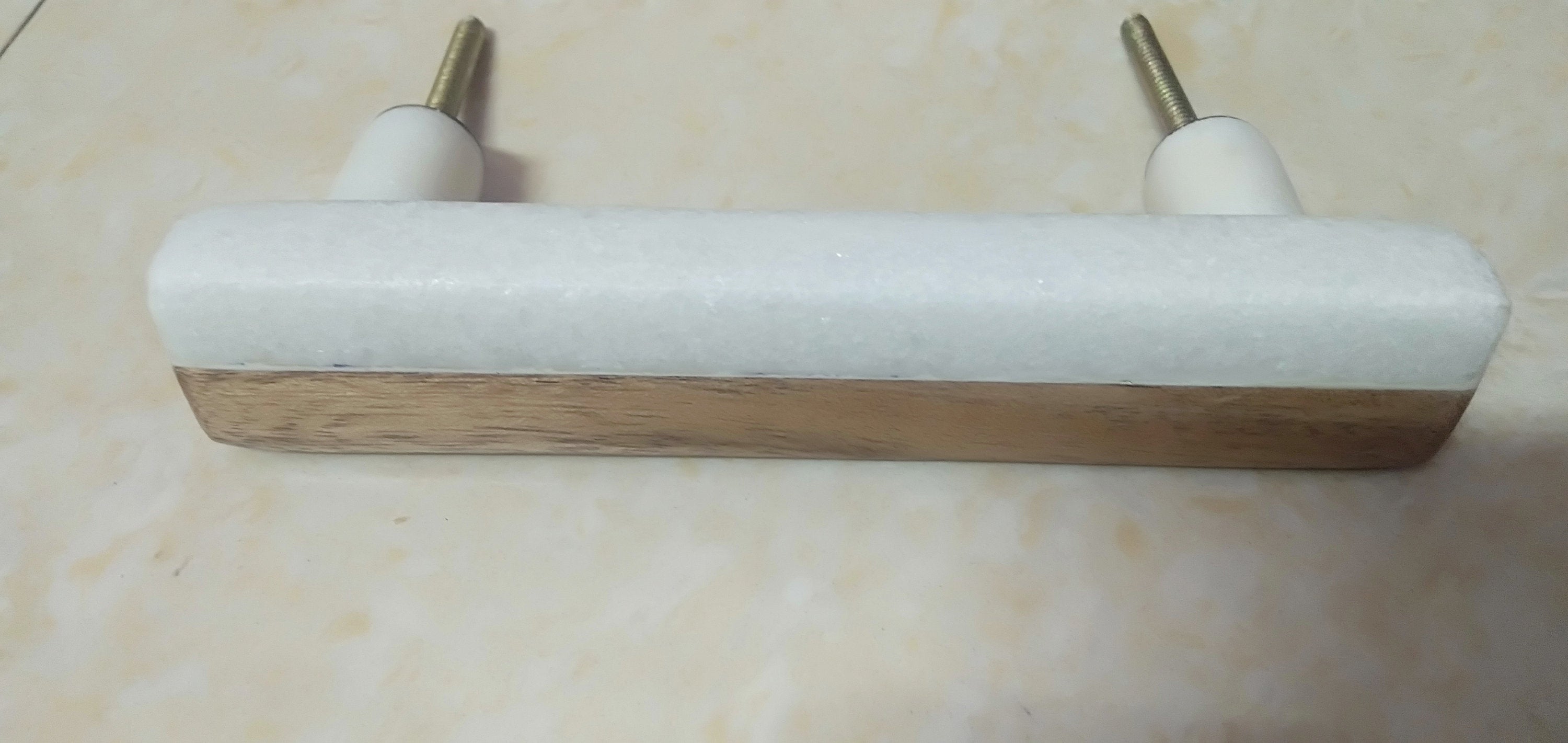 White Marble & Wood Cabinet Handle, Long Drawer Pull