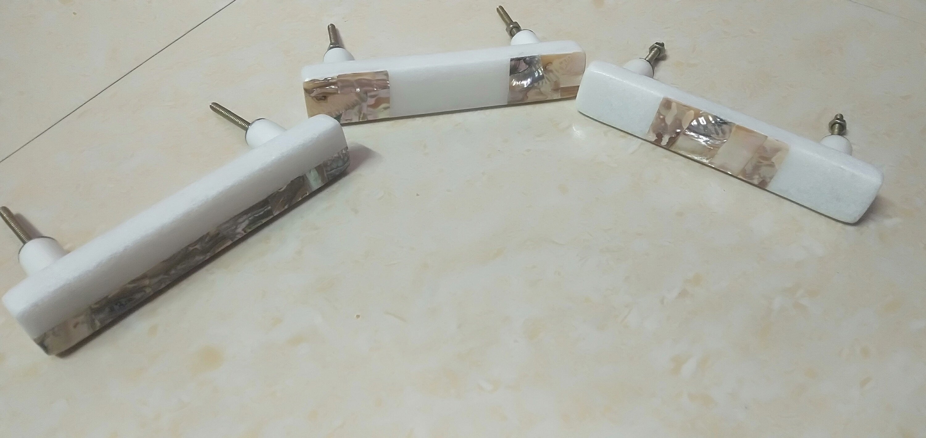 White Stone & Mother of Pearl Long Cabinet Handle