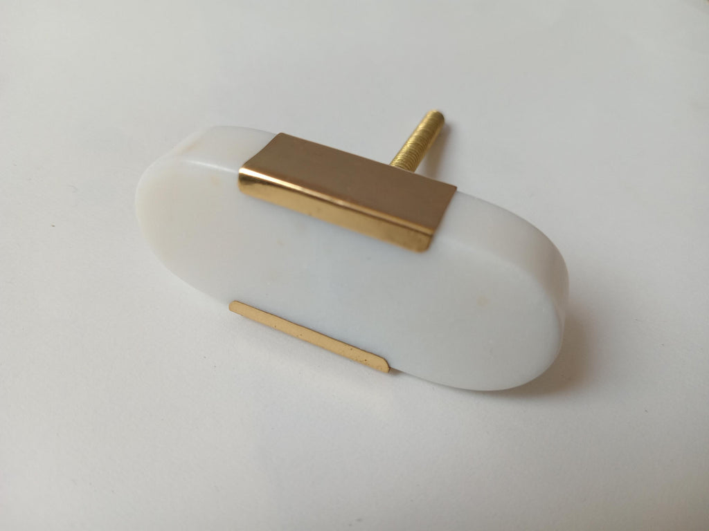 White Stone Brass Knob, Oval Cabinet Drawer Pull