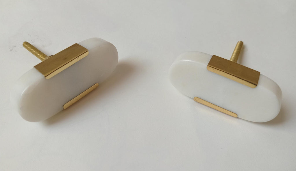 White Stone Brass Knob, Oval Cabinet Drawer Pull