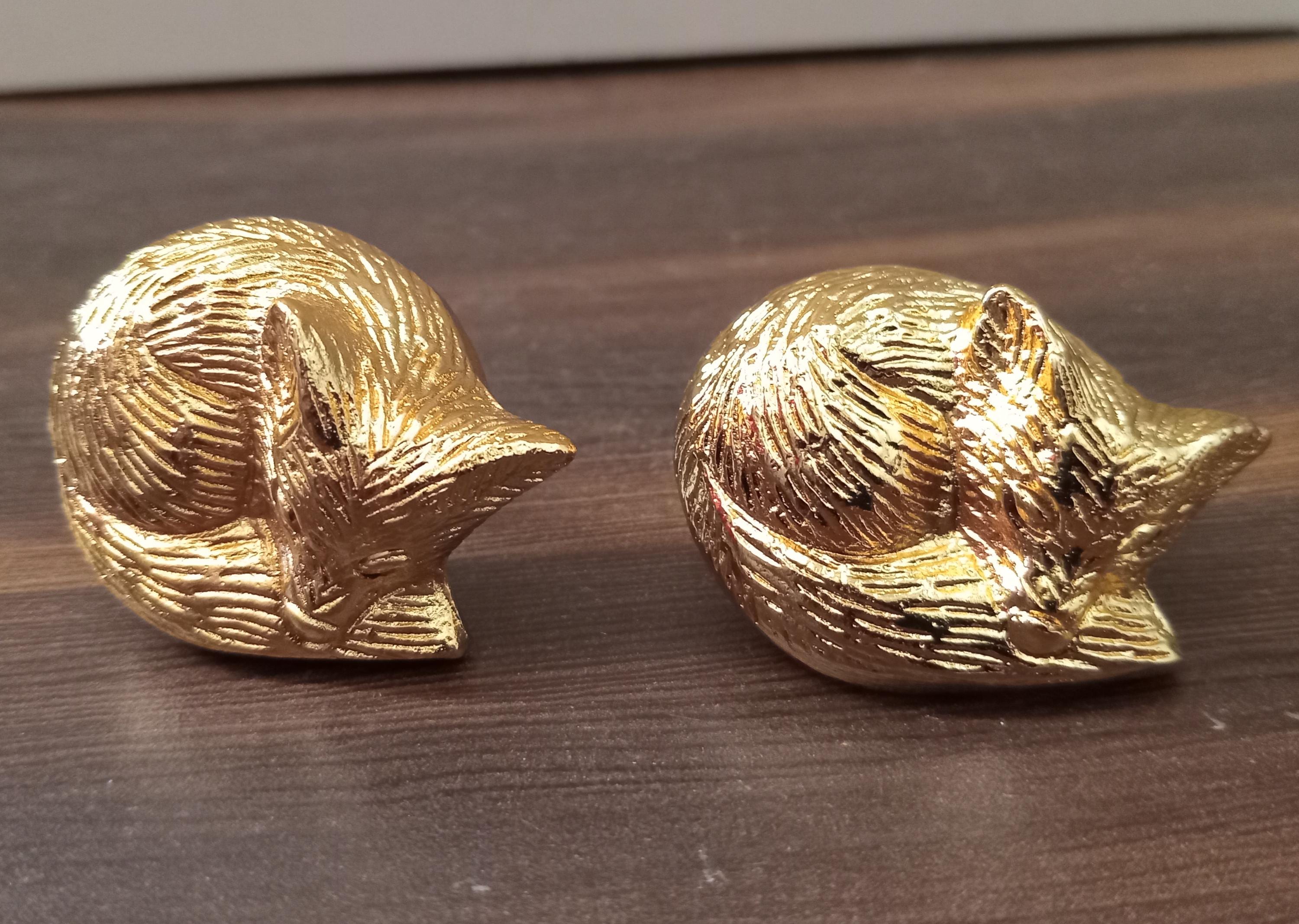Brass Sleeping Fox Knob, Animal Cabinet Knob