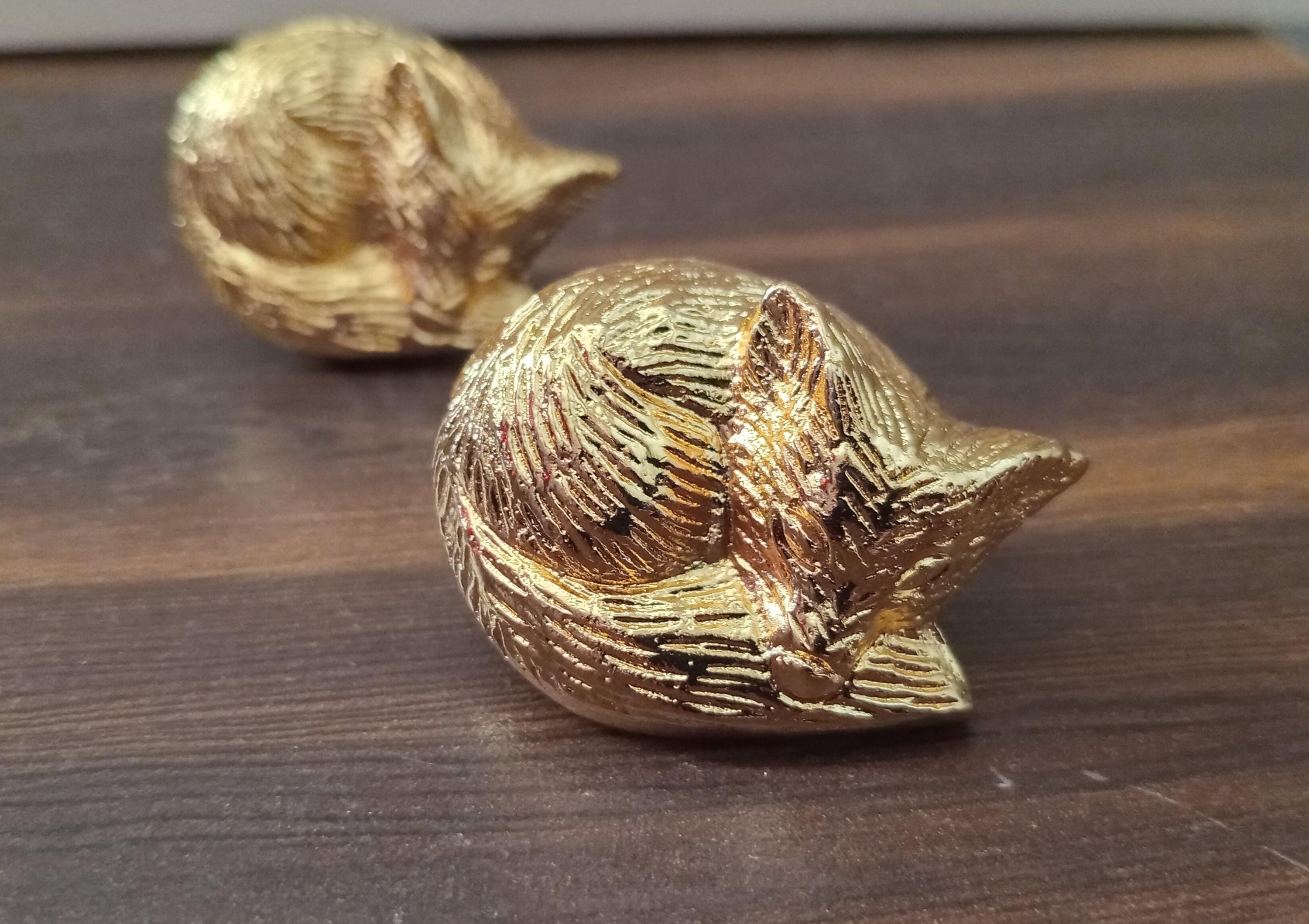 Brass Sleeping Fox Knob, Animal Cabinet Knob
