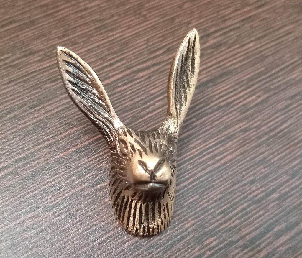 Antique Brass Rabbit Head Knob, Bunny Drawer Pull, Animal Cabinet Hardware, Rustic Woodland Decor