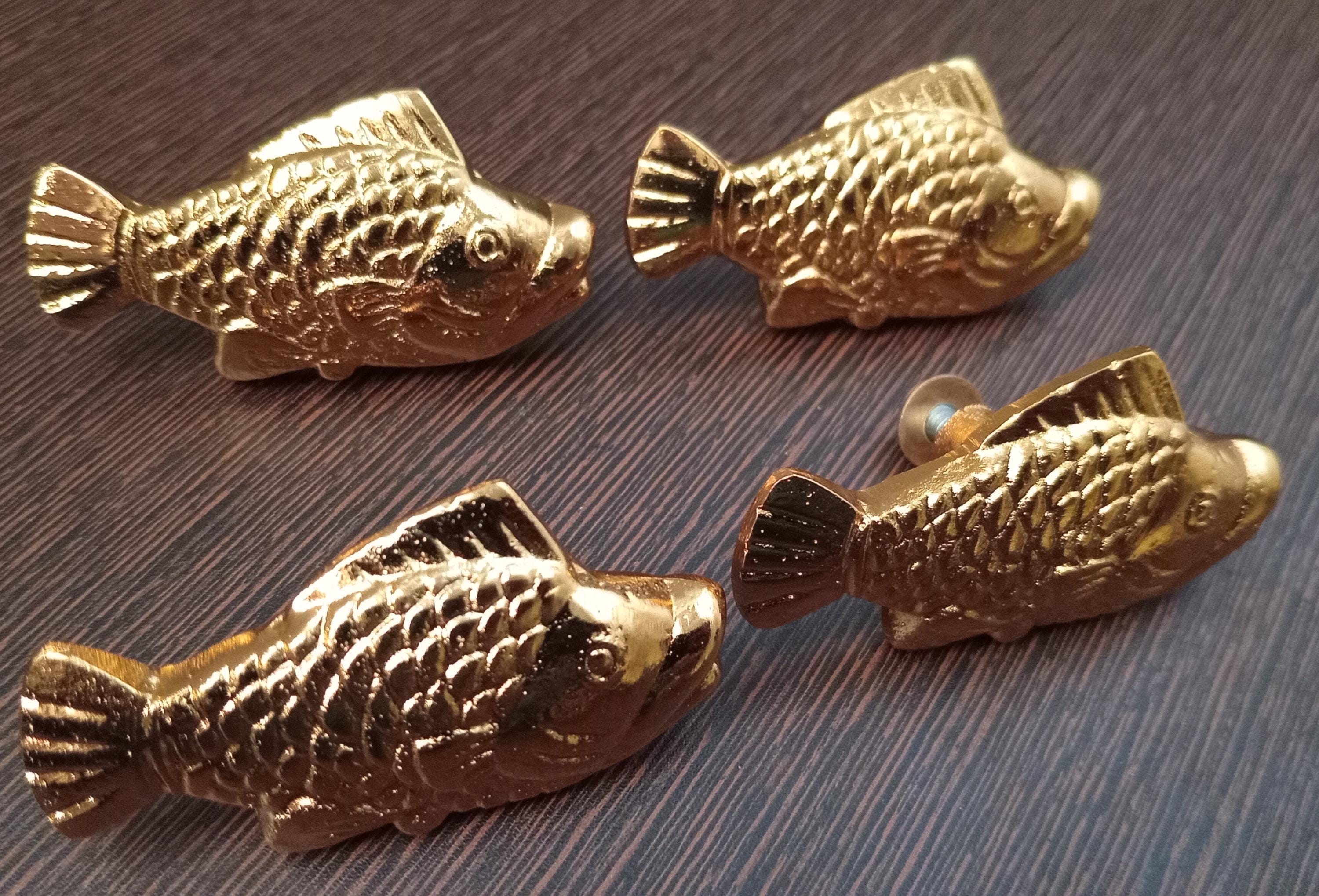Brass Fish Cabinet Knob Nautical Ocean Style Drawer Pull Coastal Home Decor Gold Finish